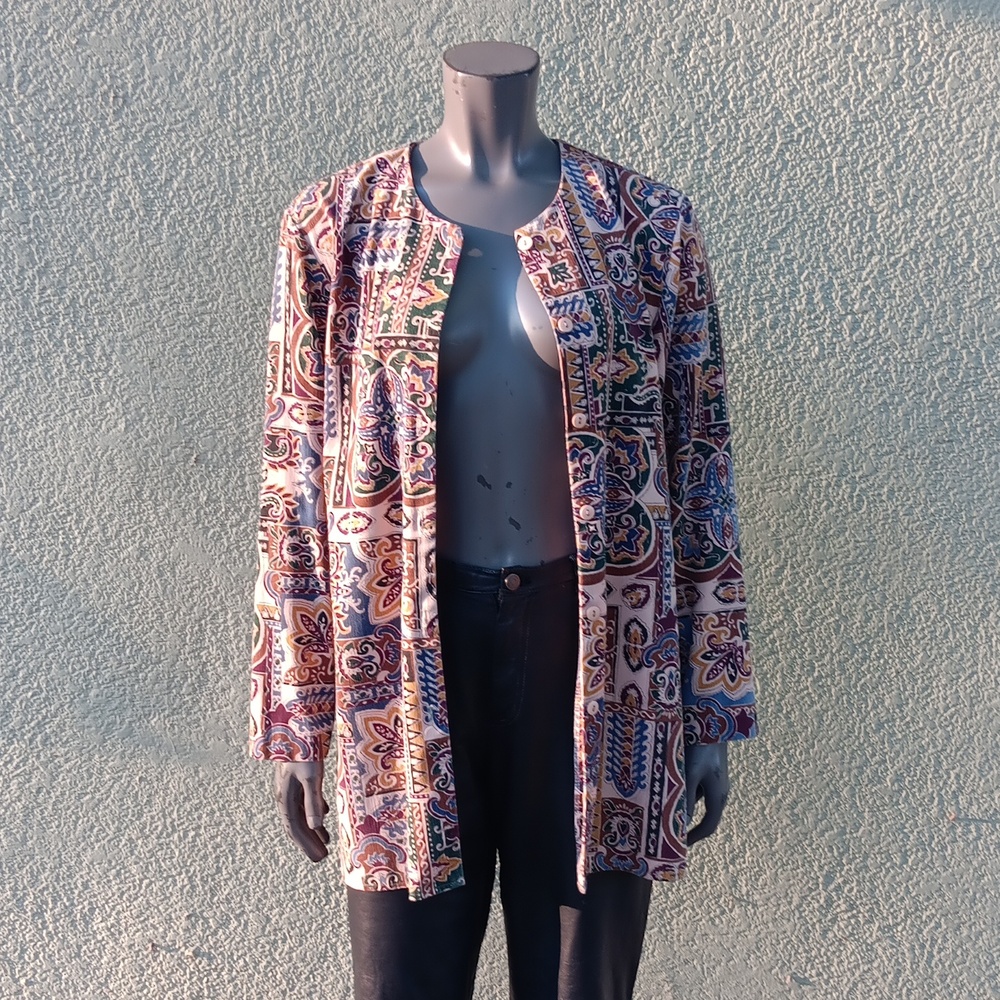 Claude (USA) Ladies Vintage Collarless Multicolor Patterned Button-Down Blouse